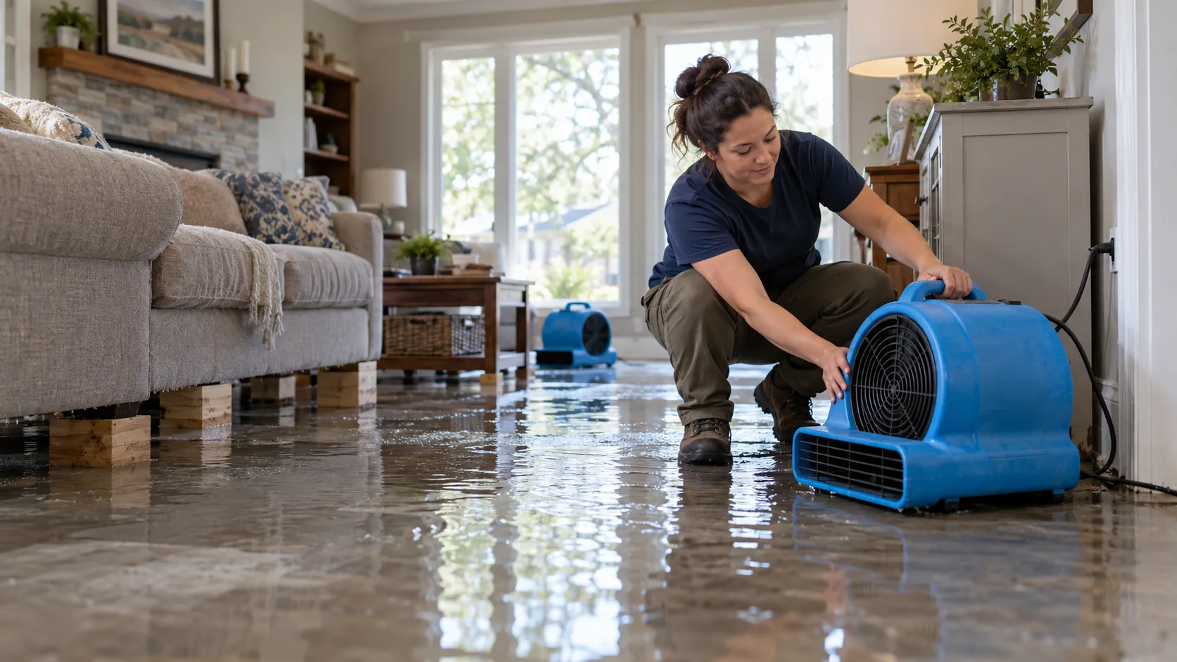 Water damage restoration technician drying a flooded living room in Milwaukee